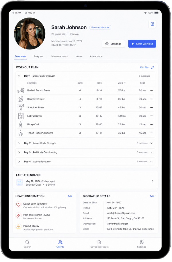 TRKR Studio trainer tools - member profile, workout plan, health notes